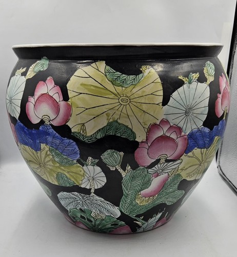 Vintage Hand Painted Floral Chinese Koi Fish Bowl Planter Pot Jardiniere - Picture 11 of 21