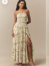 BHLDN Floral Chiffon Strapless br Ruched Tiered A-Line br Midi Dress Sz M
