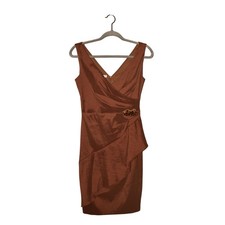 LONDON TIMES $128 Brown Taffeta Sleeveless Faux Wrap Sheath Dress Size 4