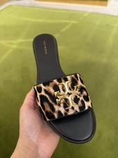 Tory Burch Everly Leopard Haircalf Slide Sandals Gold Double T $350