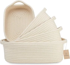 NaturalCozy 5-Piece Rectangle Storage Basket Set- Natural Cotton Rope Beige 