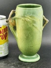 ROSEVILLE POTTERY, PINECONE, GREEN DOUBLE HANDLED 6" VASE, IN GOOD CONDITION
