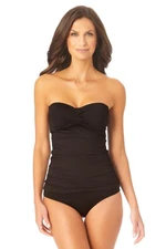 Anne Cole Solid Twist Front Shirred Bandeau Tankini Swim Top Black Large