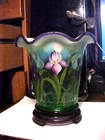 7 1/4" Amethyst Crest Willow Green Opalescent Fenton HP Iris Flowers Vase & Base