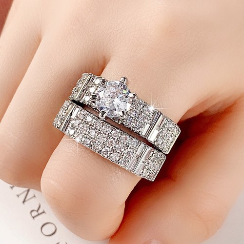 Luxury 2pcs/set 925 Silver Plated Rings Cubic Zircon Women Wedding Gifts Sz 6-10 - Bild 6 von 8