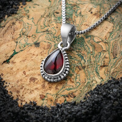 Sterling Silver Pear Cut Red Garnet Gemstone Pendant Necklace Ladies  Jewellery
