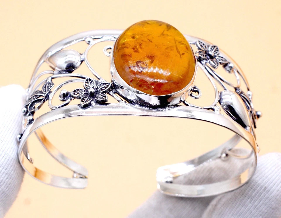 Bracelete de prata esterlina 925 com pedra preciosa âmbar feito à mão - Imagem 2 de 4