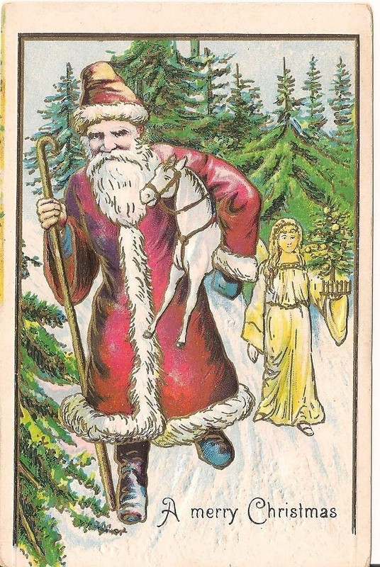 ANTIQUE EMBOSSED CHRISTMAS Postcard, SANTA & ANGEL, #76, GERMAN 1908