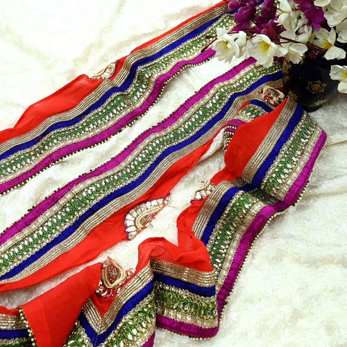 Vintage Multi Sari Border Pure Chiffon Silk Hand Embroidered 1yd Craft Trim Lace - Picture 3 of 14