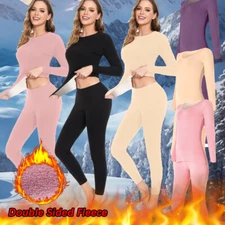 Women Thermal Underwear Dual Fleece Long Johns Set Cold Weather Thick Top Bottom