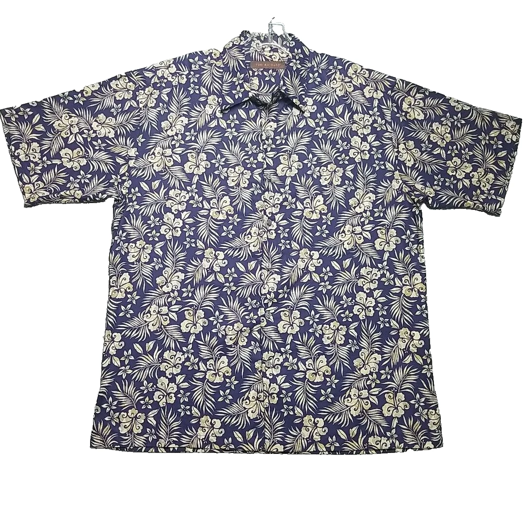 TORI RICHARD Shirt Men's Navy Blue Hawaiian All Over Palm Floral Print Button Up