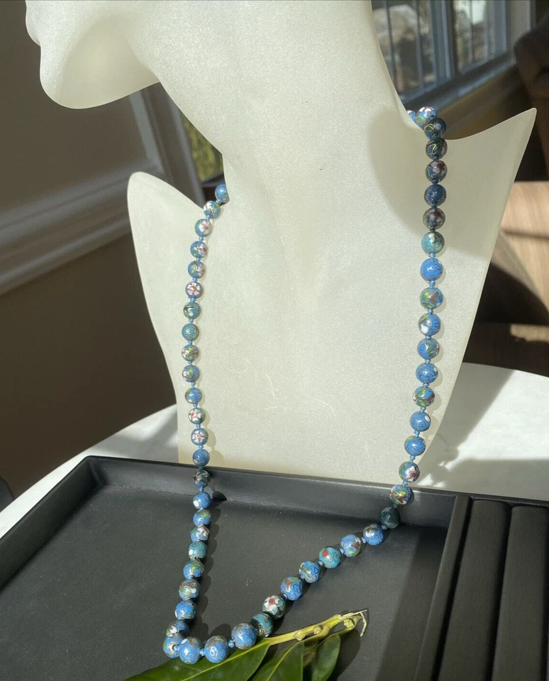 Colar vintage esmalte cloisonne fecho filigrana Vermeil floral contas chinesas antigas - Imagem 2 de 4