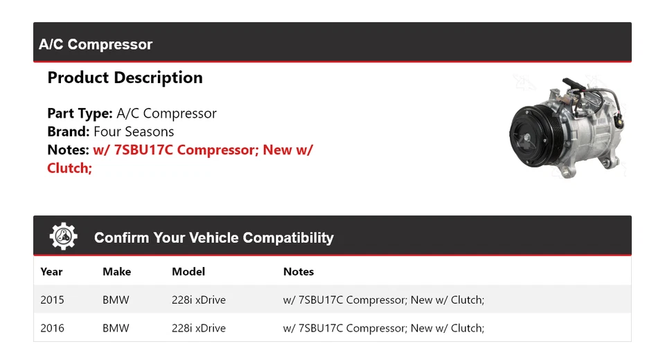 Compresor de aire acondicionado para BMW 228i xDrive 2015-2016 4 estaciones Foto 2 de 4