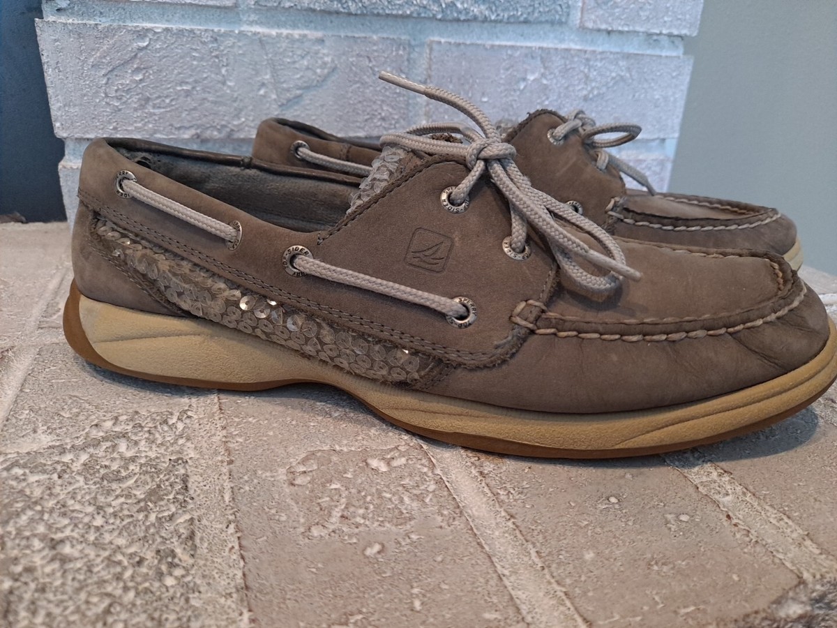 Women's SPERRY TOP-SIDER 2-Eye Gray Leather Sequins BOAT Deck SHOES Sz9