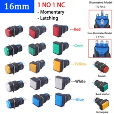 Round Rectangle Push Button Switch LED Light Momentary Latching 16mm 12/24/220V