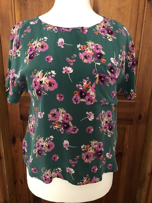 Per Una Bluse Grün Mix Blumen Kurzarm Sommer Oberteil Loose Fit Cupro UK6 NEU
