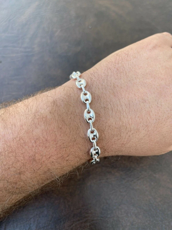 Pulsera collar cadena eslabones marineros inflados de plata de ley 925 real de 8 mm 7"-30" Foto 3 de 4