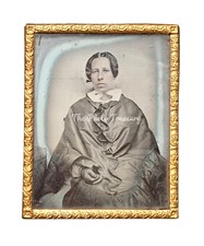 AMBROTYPE LADY IN RIBBON BONNET SHAWL LEATHER GLOVES VICTORIAN ANTIQUE 1857