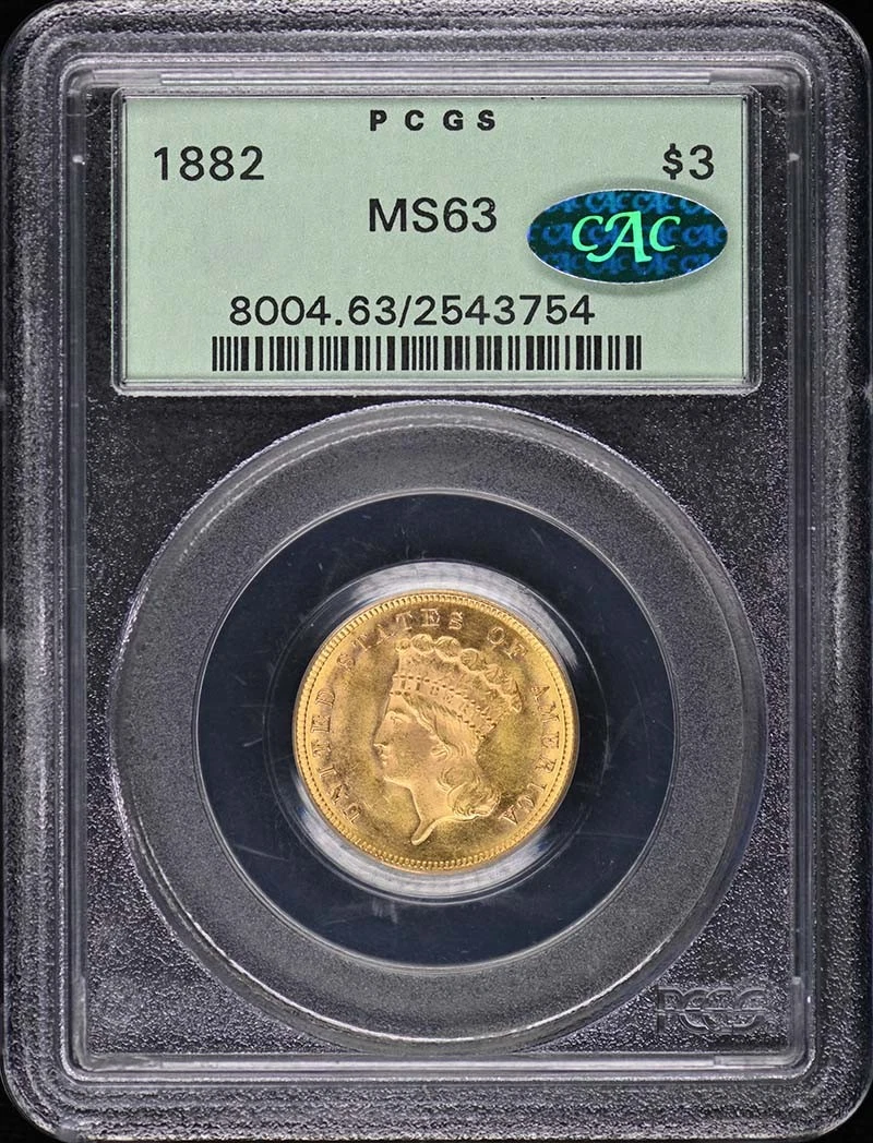 1882 $3 Three Dollar PCGS MS63 (CAC) OGH