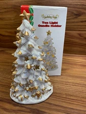 Ceramic White Christmas Tree Luminary Tea Light Candle Holder w Ornaments Vtg 8"