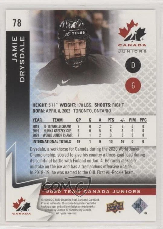 2020-21 Upper Deck Team Canada Juniors Blue Jamie Drysdale #78 - Image 2 of 2