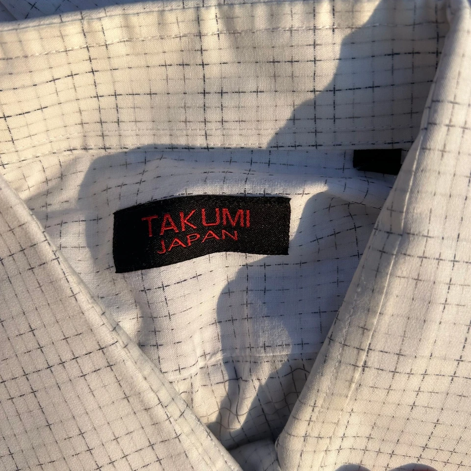 Camisa de vestir Takumi Japón a cuadros puños franceses ribete de cachemira manga larga talla L blanca Foto 3 de 4