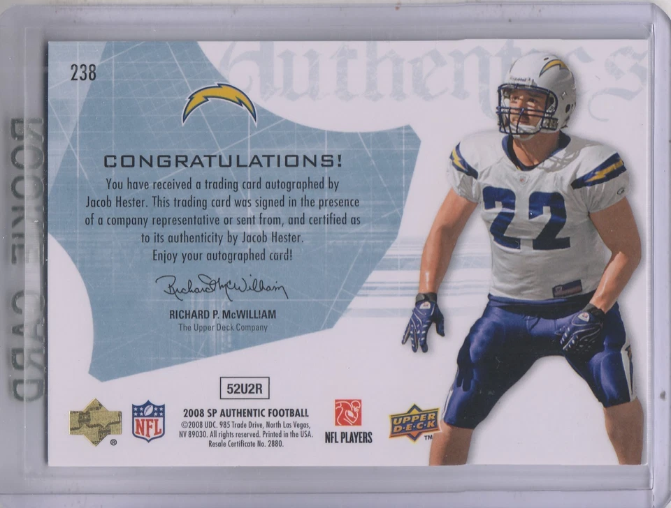 A9670- 2008 SP Authentic #238 Jacob Hester RC Auto /999 SAMPLE - Image 2 of 2