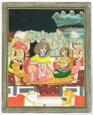 Hand Miniature Painting Of Lord Shiva and Parvati Seated With Their Family 8X10"