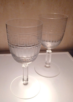 ROSENTHAL VERSACE VINTAGE MEANDRE CRYSTAL ETCHED  WINE GLASSES -TWO- MARKED