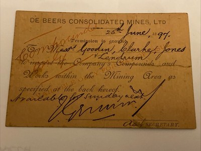 De Beers Diamond Mine Pass 1897 De Beers Consolidated Mines Ltd Pass Karte