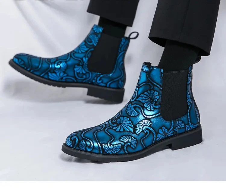 Botas de tornozelo masculinas Chelsea tamanho grande 38-48 plus size estampa floral britânica tamanho boate - Imagem 3 de 4