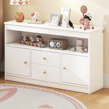 Toy Storage Organiser Cabinet, 2 Doors, 2 Drawers and Open Shelf in Wood Finish