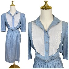 Vintage Pin Stripe Shirt Dress Womens 10 Blue Floral Embroidery Bib Collar 80s