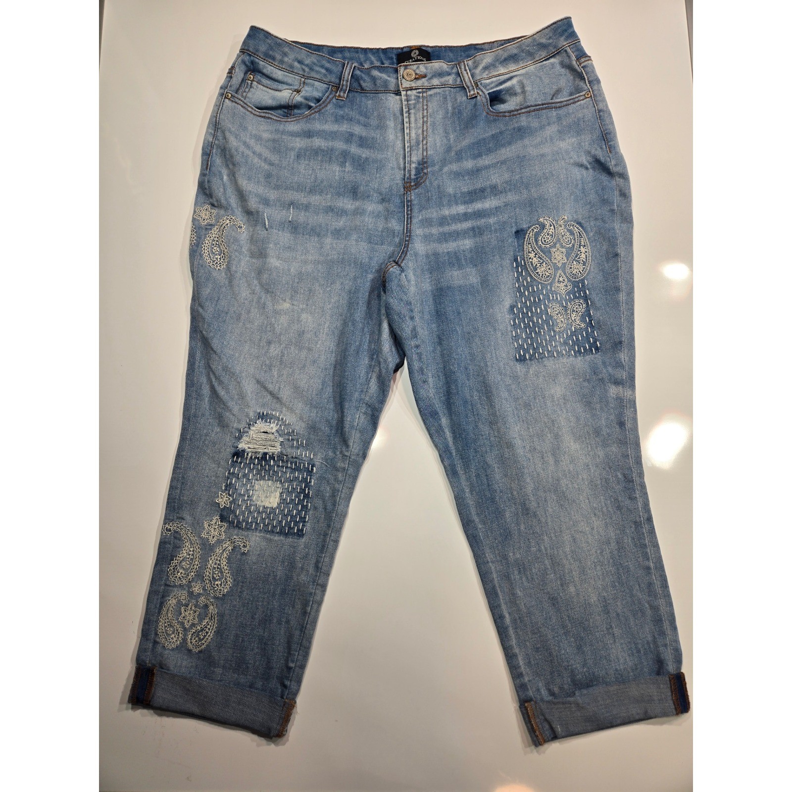 Curations Women's Jeans 16W Blue Distressed Patchwork Capri Crop Denim