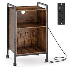3-Tier Rolling Record Player Stand w/Charging Station Open Shelves for Bedroom