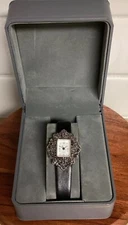 Womens Victorian Silver Marcasite Watch Black Leather Band Avon New Battery