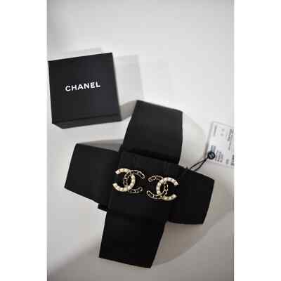 Chanel 22B Pearl White Gold Black CC Logo Dangle Drop Statement
