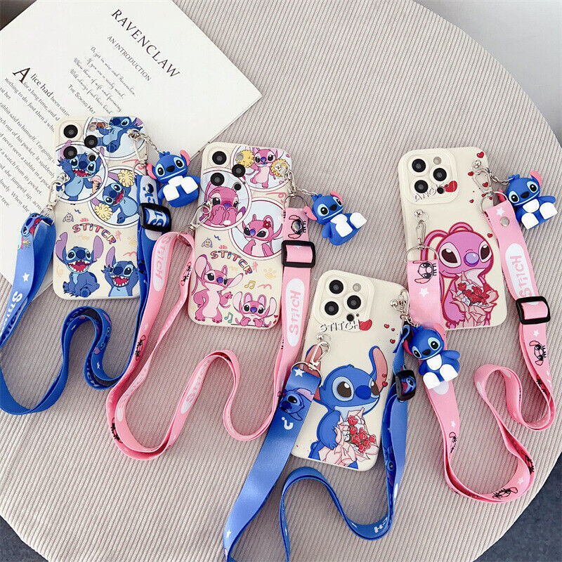 Cute Stitch Case Cover for iPhone 11 12 13 14 15 Pro Max Crossbody Strap  Pendant