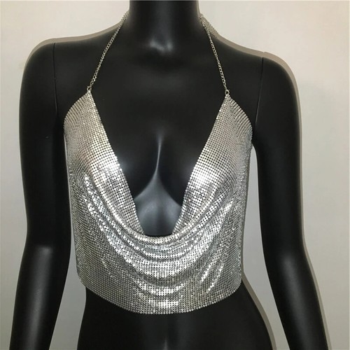 Metal Sequined Halter Women Sexy V Neck Backless Chain Plunge Tank Vest Crop Top - Picture 9 of 14