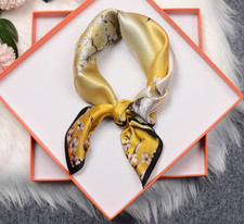 100 Silk Mulberry Wrap Shawl Square Yellow Tree Print Bandanna Scarf 53X53cm