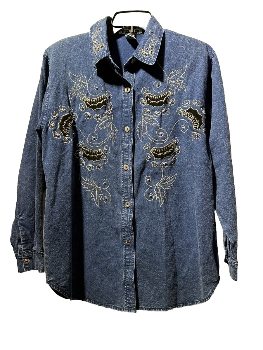 Club Z Denim Vintage Rhinestone Embroidered Denim Shirt Sz S | eBay