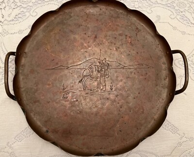 Post 1920 Craftsman Studios Hammered Copper MEXICAN MAN &DONKEY Scolloped Tray