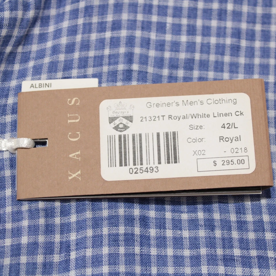Xacus NWT Casual Button Down Shirt Size 16.5 42 In Blue With White Plaid Linen - Image 2 of 4