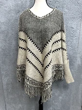 Indigo Soul Poncho Sweater Women OS Tan Black Fair Isle Nordic Fringe Bohemian