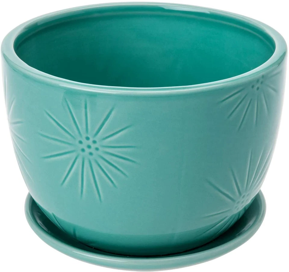 Maceta redonda de cerámica con diseño Sunburst de 7 pulgadas con platillo adjunto, azul aguamarina Foto 4 de 4