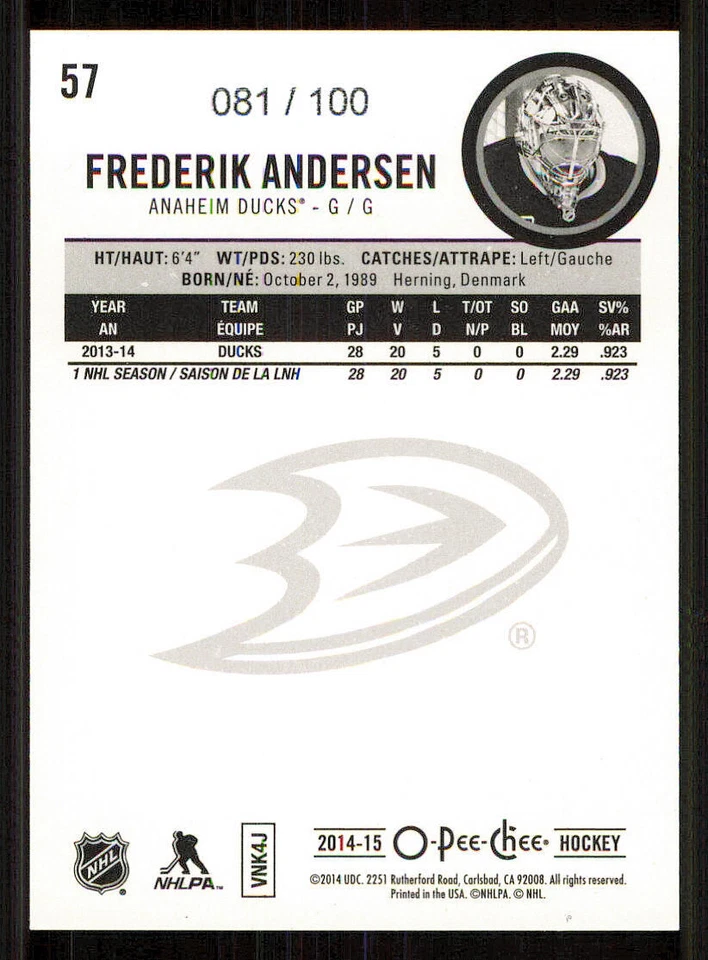 2014-15 O-Pee-Chee Black Rainbow #57 Frederik Andersen /100 - Image 2 of 2