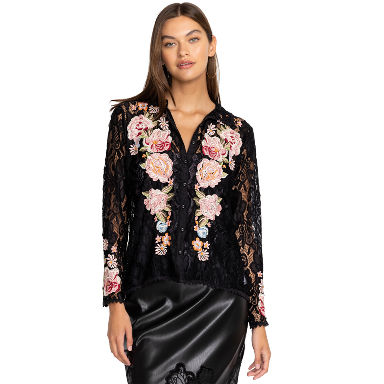 Johnny Was Veronne Lace Blouse Slip Long Sleeve Embroidery Black Top