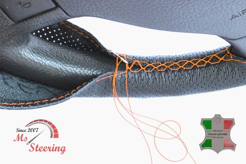 FOR GENESIS G80 SPORT 18-18 BLACK PERF LEATHER STEERING WHEEL COVER ORANGE STIT - Picture 2 of 6