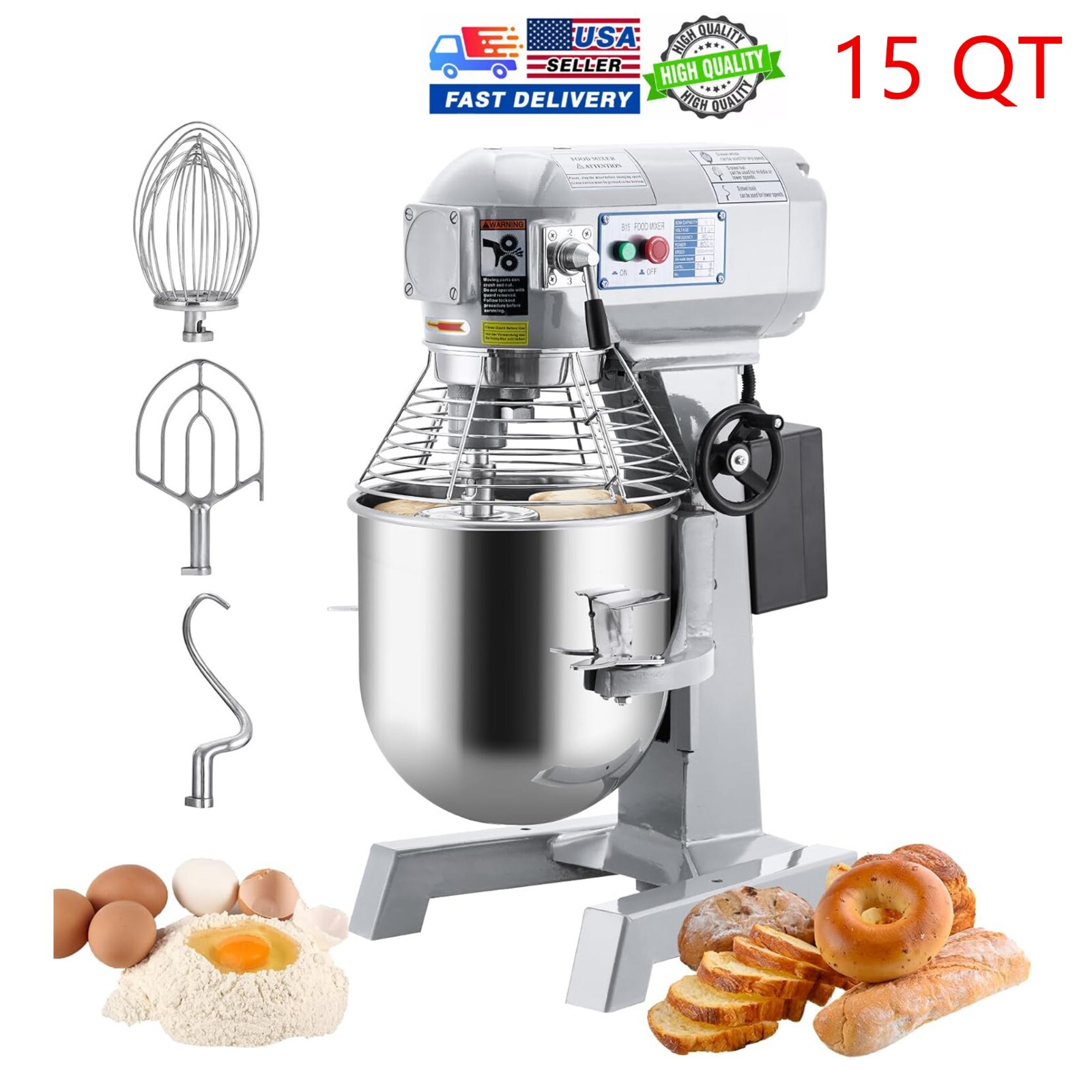 15 QT Commercial Food Mixer 600W 3-Speed Stand Electric Dough Mixer Pizza Bakery