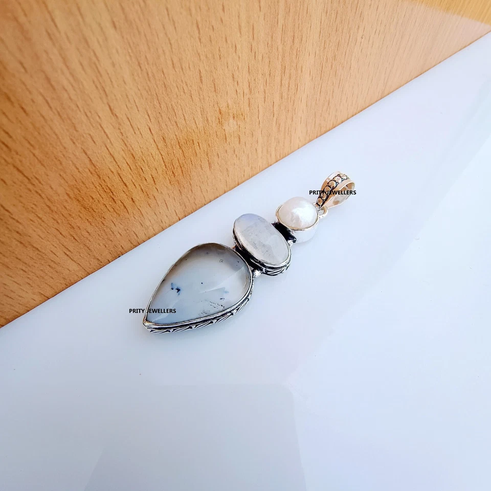 树枝蛋白石珍珠镀银手工吊坠,大号 2.6 英寸吊坠 — 第 2/4 张图片